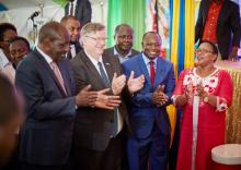 Cabinet Secretary Hon Sicily Kariuki, right, joins other dignitaries to celebrate malaria vaccine roll-out