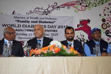 Dr B. Ori, Director Health Services, Dr Hon K. Jagutpal, Minister of Health and Wellness, Dr Hon M.I. Rawoo, Parliamentary Private Secretary and WHO Representative in Mauritius, Dr Laurent Musango during the launching of activities to mark the World Diabetes Day 2019 in Mauritius