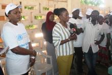 UN Resident Coordinator, Ms. Saraphine Wakana (l) following briefing of the Director of Blood Transfusion Services before the Blood Donation exercise.