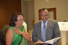 Dr (Mrs) Rajeshwari Gopaul, Sexual Reproductive Health Coordinator at the Ministry of Health and Wellness giving an overview of the Roadmap Framework on Maternal, Newborn and Child Health to Dr L Musango, WHO Representative in Mauritius