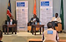 Minister of Health and Social Services, Dr. Kalumbi Shangula, Minister of Information, Communication and Technology, Dr. Peya Mushelenga and COVID-19 National Coordinator, Dr. Bernhard Haufiku at the launch of the COVID-19 Communication Centre