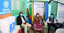 Houmed Msaidié (Ministre et Coordinateur national Covid-19), Loub Yakouti Attoumane (Ministre de la Santé), Dr DIARRA Abdoulaye (Représentant a.i OMS) et Jean Youssouf (SG Ministère de la Santé)