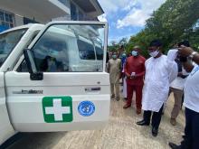 A fully equipped Toyota Land Cruiser ambulance donated by WHO to the Ministry of Health and Sanitation with funding from the African Development Bank