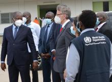 CS Kagwe consults with Dr Eggers and other officials at the flagging off of the COVAX Vaccines .jpg