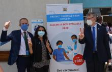 United support of the UN family - L-R Dr Stephen Jackson (RC), Maniza Zaman (Unicef). and WR Dr Eggers at the launch of the  COVID vaccine campaignin Kenya