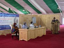 H.E. Adama Barrow flanked by H.E. VP Isatou Touray (l) and Hon. Minister Dr. Ahmadou Lamin Samateh (r)