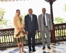 Dr. Tigest in a posed photo with His Excellency Dr. Hussein Ali Mwinyi (center) accompanied by Dr. Andemichael Ghirmay Redae, the Liaison Officer and Public Health Advisor 