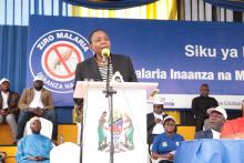 Dr. Dorothy Gwajima, Hon. Minister for Health, addressing the public during the World Malaria Day 2021 commemorations.