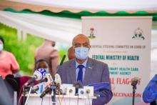 Dr Walter Kazadi Mulombo the WR, giving goodwill message on behalf of partners at the flag-off of the second phase of COVID-19 vaccination campaign.