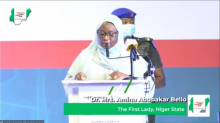 Dr Mrs Amina Abubakar Bello delivering a speech on behalf of the First Lady of Nigeria