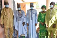 Représentant résident p.i de l'OMS, Dr Mamoudou HAROUNA DJINGAREY, la Représentante de l’UNICEF, Mme Djanabou MAHONDE et l’équipe de la Direction Départementale de la Santé du Borgou, en audience chez Cheikh Imam El-hajj Abdoulaye TEGNAMI, Imam de la mosquée principale de Parakou