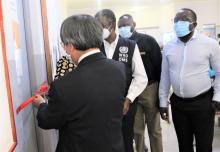 Hon. Dr Ester Muinjangwe, Deputy Minister of Health and Social Services, H.E. Mr. HARADA Hideaki, the Ambassador of Japan to Namibia and Dr Charles Sagoe-Moses, WHO Representative officially opening the Ultrasound consulting room at the Kuisebmund Health Centre 