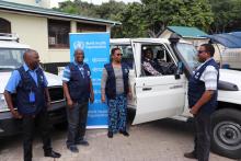 The WR, Dr. Zabulon Yoti; Incident Manager, Dr. Grace Saguti and drivers receiving the fleet at WCO premises