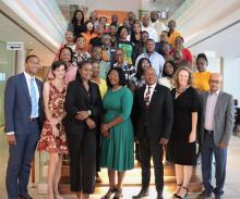 Group Picture: in front from left: Dr Theo-Ben Kandetu, Acting Deputy Executive Director; Ms Rachel Coomer, CDC; Dr. Esperance Luvindao, Social Influencer; Ms Naemi Shoopala, Director Primary Health Care, MOHSS; Mr. Ben Nangombe, Executive Director, MOHSS,; Ms Nicole Miller, USAID Acting Country Director and Dr Sirak Hailu, WHO Public Health Officer