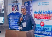 Borno state Coommissioner for Health  Prof. Arab Mohammed giving his welcome remarks at the 12th JOR meeting. Photo_credit: Kingsley Igwebuike