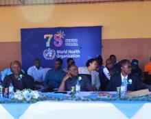 Hon. Hendrick Gaobaeb, Constituency Councilor and Kunene Regional Chairperson, Hon. Dr Kalumbi Shangula, Minister of Health and Social Services and Dr Charles Sagoe-Moses, WHO Representative during the WHD commemoration and launch of  WHO 75th Anniversary in Opuwo, Kunene Region, 6 April 2023 