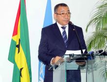Sua Excelencia o Presidente da Republica, Carlos Vila Nova discursando durante o evento