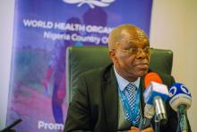 WHO Nigeria Representative Dr Walter Kazadi Mulombo addressing journalist during World Malaria Day in Abuja