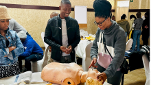 Lorato Dambe, Basic Emergency Care Facilitator demonstrating airway opening maneuvers to participants during BEC training in Francistown in May 2023. 