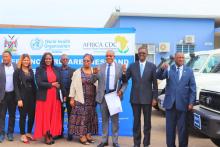 Dr Kalumbi Shangula, Minister of Health and Social Services, Dr Charles Sagoe-Moses, WHO Representative and Mr Ben Nangombe, Executive Director of MOHSS during the signing and handover ceremony 