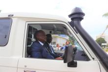 Minister Shangula and Dr Sagoe-Moses testing one of the donated vehicles 