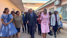 WHO Director-General Tedros Adhanom Ghebreyesus, Assistant Regional Director Dr Lindiwe Makubalo, WHO Country Representative Dr Josephine Namboze, Ministry of Health Permanent Secretary Grace Muzila, and other dignitaries tour Julia Molefhe Clinic in Gaborone, Botswana. 