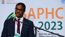Dr Owen Kaluwa WHO South Africa Representative giving his remarks at the SAPHC 2023. He emphasised that Primary Health Care is a comprehensive approach that provides accessible, affordable, and equitable health care services