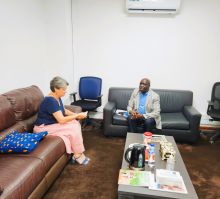 The Ambassador to France, Ms Isabelle Le Guellec, in discussion with the WHO Liberia Country Representative, Dr Peter Clement