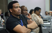 Participants listening attentively to the WHO perspective on IHR (2005), as well as the country road map. Participants were also taken through the prioritization, assessment synthesis for quality planning, costing, resource mapping, and budget advocacy processes