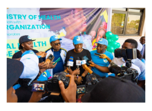 L-R The Permanent Secreatary, FMOH, Coordinating Minister for Health and Social Welfare, Prof Pate, Minister of State Dr Tunji Alausa and WHO Country Representative DR Mulombo addressing journalists in Abuja after the 2023 UHC commemorative walk