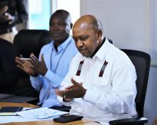 Le Représentant de l'OMS en RDC, Dr Boureima Hama Sambo, lors de son mot d'encouragement aux personnels apprenants, dans la salle multimodale du Bureau de l'OMS à Kinshasa