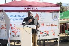 Lesothos Honorable Minister of Health, Mr. Selibe Mochoboroane delivers his speech during the national World Blood Donor Day commemoration