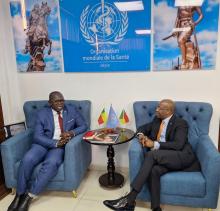 Dr Kouamé Jean Konan, WHO Representative, and Mr. Gilles Fagninou, UNICEF Regional Director for West and Central Africa, in discussion on joint WHO–UNICEF interventions, focusing on maternal and child health, immunization, nutrition, sustainable health systems, and response to health emergencies.