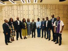 Photo de famille de la délégation centrafricaine présente à la 78ᵉ Assemblée mondiale de la santé, Genève 2025.