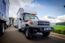 One of 14 fully equipped ambulances handed over by WHO to the Government of Kenya, valued at US$ 2.3 million, State House, Nairobi, 19 November 2024.