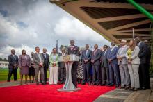 WHO Regional Director for Africa Dr. Mohamed Janabi delivers remarks during the health equipment handover ceremony, State House, Nairobi, 19 November 2024.