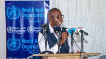 Dr. Nathan Bakyaita, WHO Representative in The Gambia, delivering remarks during the national launch of the Measles-Rubella Vaccination, Vitamin A Supplementation, and Deworming Campaign .