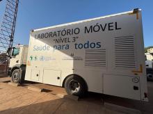 Level 3 mobile laboratory delivered by WHO in Guinea-Bissau, parked outdoors.