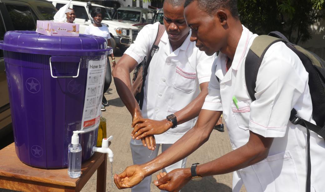 A hand washing station at the Connaught Hospital in Freetown