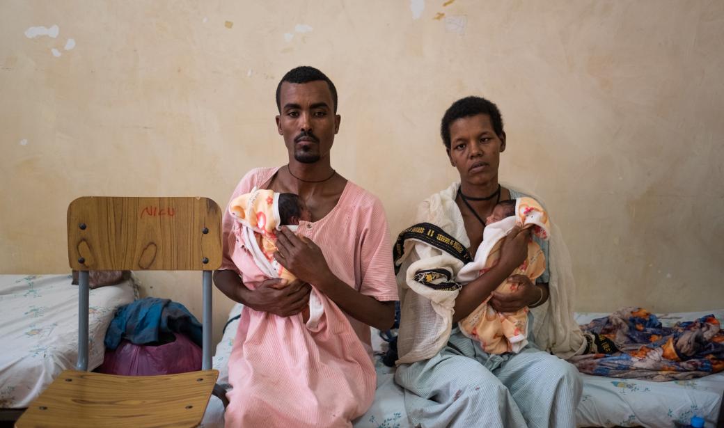Agere Molla and her husband Solomon Minayehu provide skin-to-skin care to their premature twins at Felege Hiwot Hospital in Bahir Dar, Ethiopia.