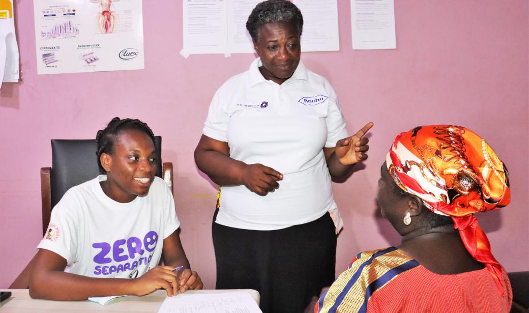 Primary healthcare workers leveraging WHO-PEN module to educate woman about breast cancer before screening her at the Sunyani Municipal Hospital